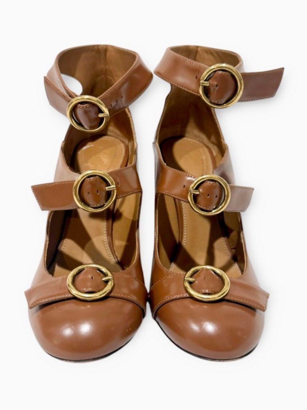 Chloe Leather Triple Strap Buckle Block Heel Pump Shoe Size 37.5